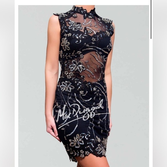 Mac Duggal Dresses & Skirts - Sequin Dress Mac Duggal Mini Cut Out Back Black Lace Silver Sequined XS  Dazzle